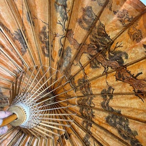 Puede incluir: Parasol japon&eacute;s antiguo, abierto, con un esquema de color naranja c&aacute;lido y marr&oacute;n. El interior presenta una ilustraci&oacute;n detallada de &aacute;rboles y follaje. Las varillas y el mango de madera son visibles. El parasol est&aacute; parcialmente abierto.