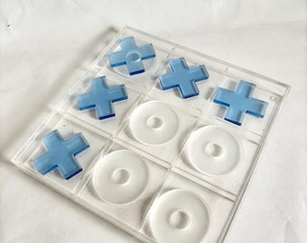Vintage MCM Large Lucite Tic Tac Toe Board Game Set - Acrylic Tic Tac Toe | Vintage Clear and Blue Lucite Game Set