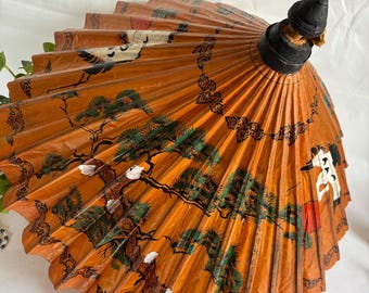 Antieke Aziatisch rijstpapier bamboe parapluparasol met handgetekende motieven van vogels en bomen