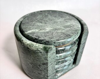 Vintage Set of Six 1980s Post Modern Green Marble Stone Circle Coasters with Caddy / Set of 6 Green Marble Coasters with Cork Bottoms
