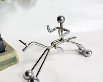 Vintage Modernist 7.5” Chrome Metal Equestrian Horse Rider Stick Figure Sculpture / Postmodern Style Horseback Rider