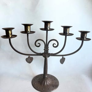 Vintage Goberg Germany Hugo Berger. Arts & Crafts five branch handmade iron candelabra 16” across - Large Tabletop Candelabra Centerpiece