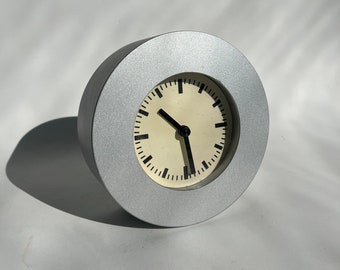 Vintage IKEA KLUNSA Clock - Matt Metallic Gray Silver Metal Table Clock - Mikael Warnhammar for IKEA - Round Silver Gray Mantel Clock