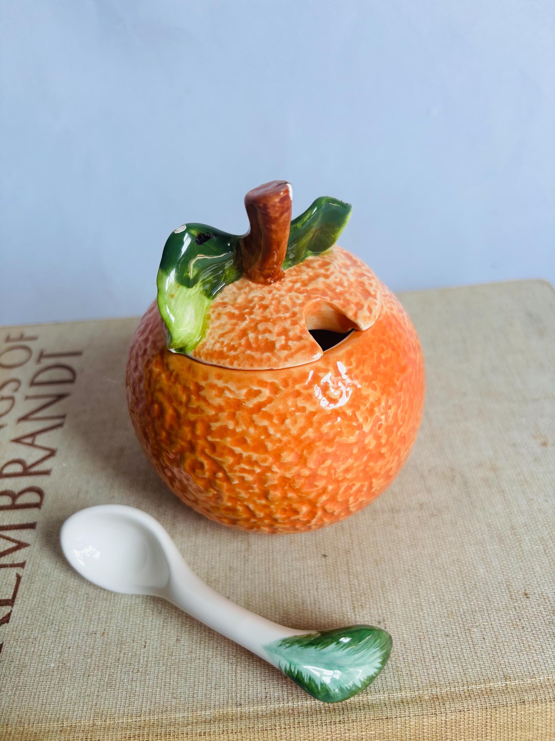 Vintage Ceramic Orange Marmalade Pot With Spoon / Majolica Style