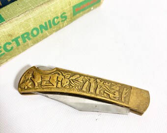 Vintage Brass Pakistan Folding Pocket Knife Embossed Wildlife Scene / Rabbits / Deer / 4” Stainless Pakistan