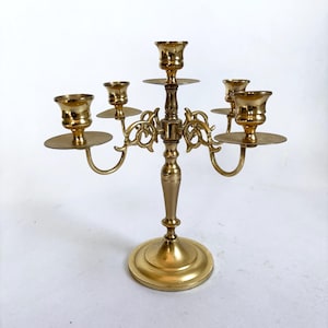 Vintage MCM Ornate Solid Brass Candelabra Five Candlestick Holder - Large Tabletop Brass Five Arm Candelabra Centerpiece