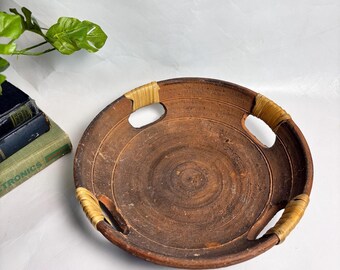 Antique Primitive 11” Mexican Red Clay Pottery Decorative Bowl with Four Handles Wrapped in Braided Wicker /  Terracotta Bowl Rope Wrap