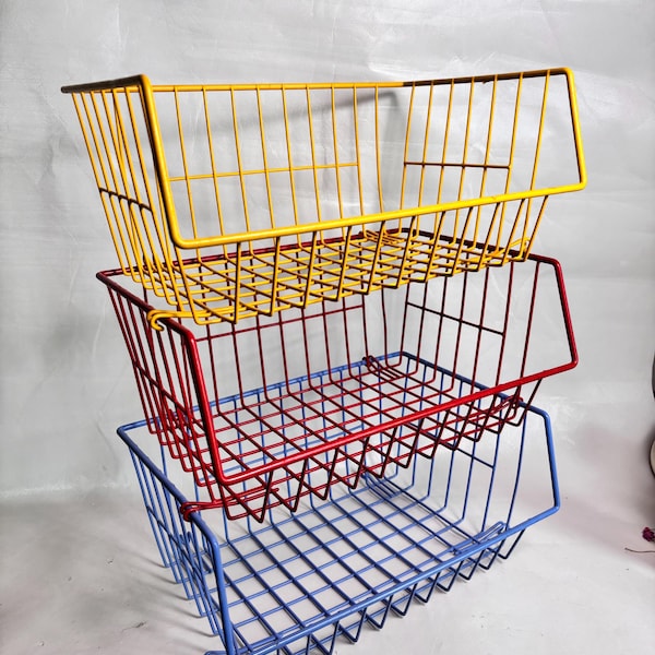 Vintage Set of 3 Postmodern Stacking Industrial Wire Storage Trays | MCM  wire desk trays | Memphis Style | Primary Colors | Kids Room