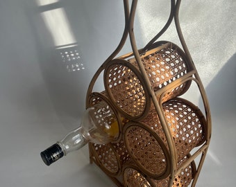 Mid Century Vintage Boho Rattan Wicker Five Bottle Bamboo Wine Holder