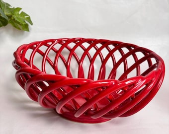Vintage 11” Eucalyptus Stoneware Basket Red Reticulated Woven Ceramic Bread Basket/ Fruit Bowl /Studio Pottery Open Weave Lattice