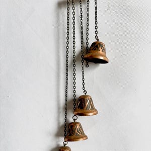 Vintage Sarna Metal Bell Set of 4 on Chains, Hanging Bells of Sarna, Shop Patio Brass Bells- Rustic Recycled Bell Garland; door wind chimes
