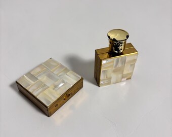 Vintage Set of Mother Of Pearl and Brass Perfume Bottle / Storage Box/  1950s Travel Fragrance Bottle and Pill Box