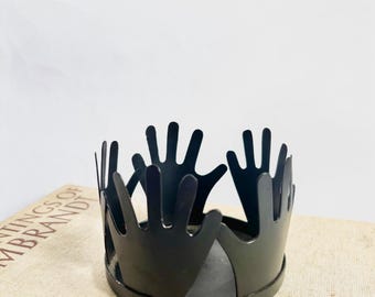 Vintage Postmodern Unique Black Hands Shape Cutout Metal Candleholder or Catchall Dish