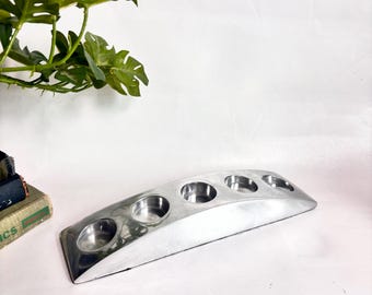 Vintage Postmodern Cast Aluminum Arched Candleholder Candelabra  / Votive Tealight 5 Candle Holder /  90s chrome