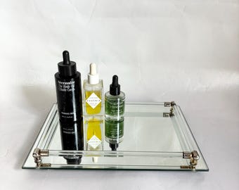 Vintage Mirrored Vanity Tray with Lucite or Glass Rod Rim and Square Shaped Corners, Perfume Tray, Catch All, Art Deco, Footed Vanity 11”