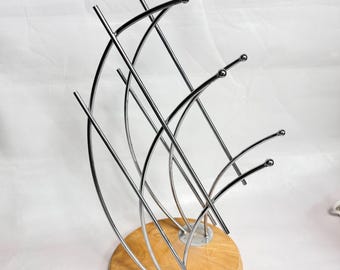 Vintage Sculptural Post Modern Chrome and Wood Four-Bottle Wine Rack (4) Bottle Holder - Abstract Italian Design similar to Alessi