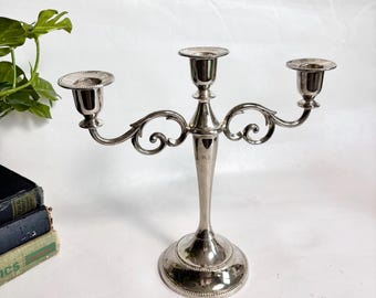 Vintage MCM French Ornate Silver Plated Candelabra 3 Arm Candlestick Holder - Silver Tabletop Candelabra Centerpiece