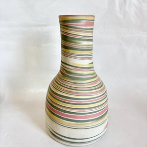 May include: A cylindrical vase featuring a marbled pattern of horizontal stripes in shades of muted green, soft pink, pale yellow, and off-white. The vessel has a narrow neck that flares slightly at the top and a rounded base with a smooth finish.