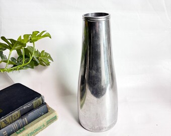 Vintage Postmodern Chrome Vase / Polished Cast Aluminum Silver Tall Vase / Jug - 12.5” Tall
