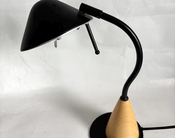 Vintage 1980's MCM Post Modern Memphis UFO Kovacs Halogen Reading Desk Lamp / Table Lamp / Atomic Black Gooseneck Lamp