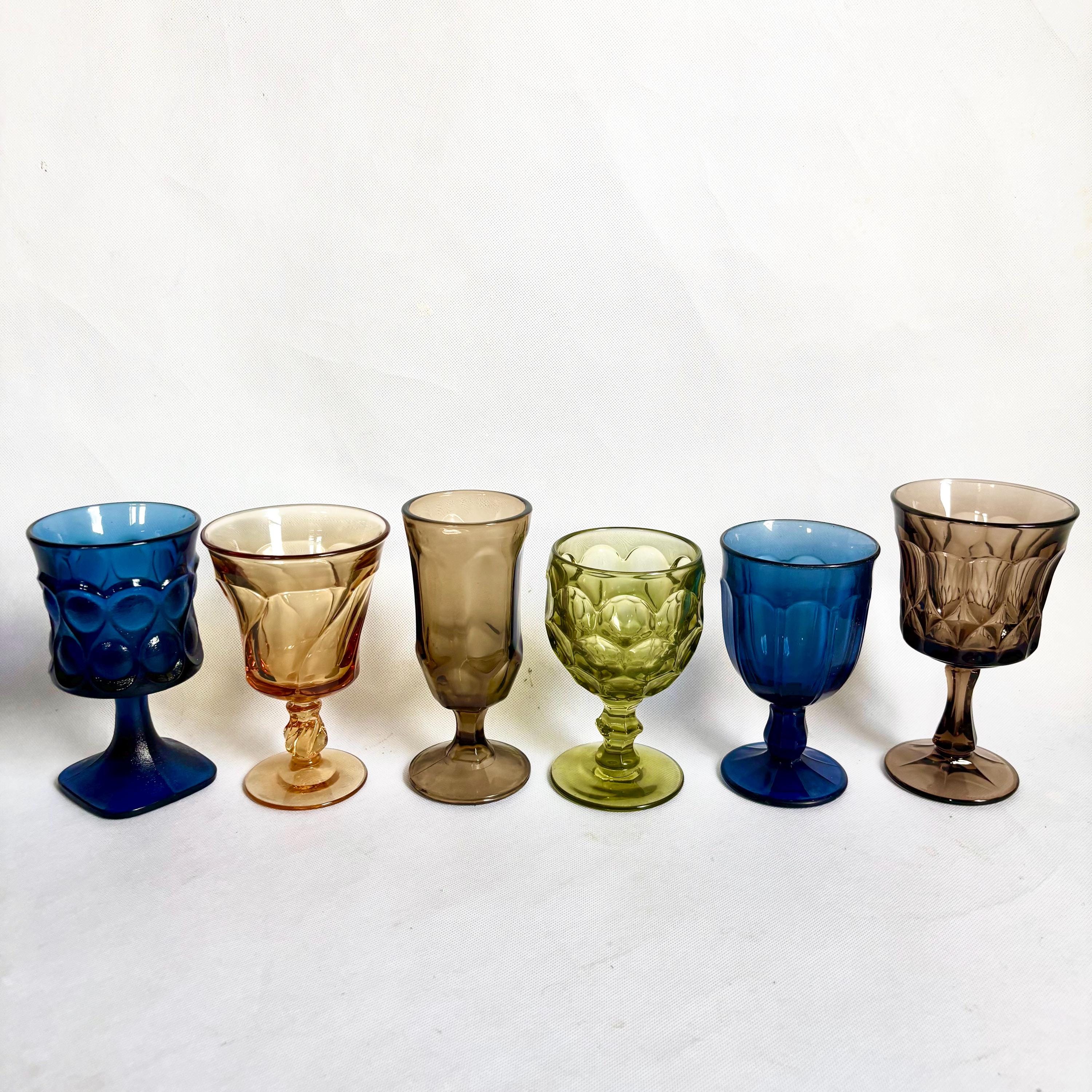 Set of 6 Vintage Mismatched Colorful Wine Coupe Goblet Glasses - Six Mix and Match MCM Color Glassware / Drinkware