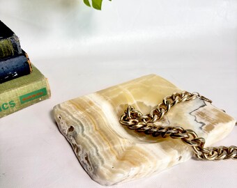 Large Chunky Rough and Polished Vintage 1970s Veined Zebra Onyx Stone Ashtray in Cream and Brown, 1970s Smoking Ash Tray Dish from France