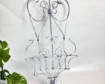 Vintage 18.5” White Painted Bent Wire Ornate Wall Cage Planter / Sconce - Victorian Scrolled Flower Plant Iron Wall Pocket
