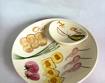 Bol grande para patatas fritas y salsa de cerámica vintage de los años 70, estilo MCM de Los Ángeles, de 34 cm (13,5 pulgadas), con verduras, galletas y gambas pintadas / Excelente estado de segunda mano