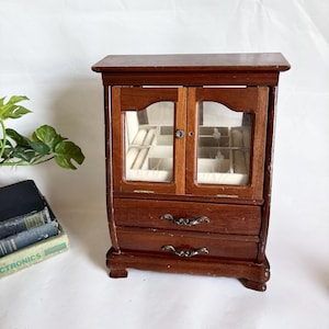 Vintage Wooden Jewelry Box - Secretary Desk Style, Drop Down Door, Two Drawers with Etched Glass Floral Design