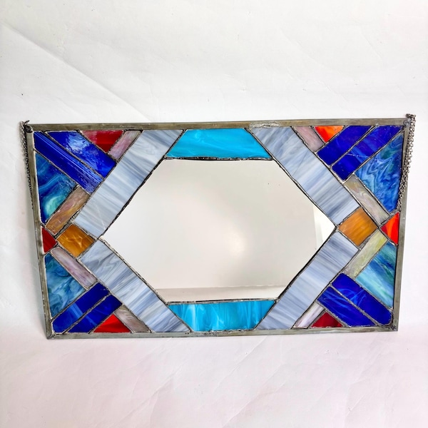 Vintage 23” x 14” Handmade Art Deco Style Stained Glass Mirror Wall Hanging with Chain: Geometric Mosaic Design - Blues and Oranges
