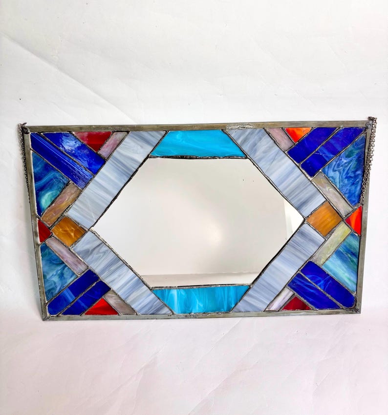 Vintage 23” x 14” Handmade Art Deco Style Stained Glass Mirror Wall Hanging with Chain: Geometric Mosaic Design - Blues and Oranges