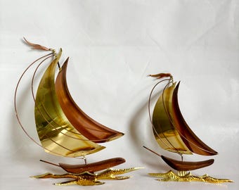 Vintage Brutalist Brass & Copper Sailboat Wall Art Set | MCM Nautical Boat Sculptures (Set of 2)