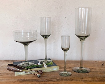 Vintage Mid Century Danish Holmegaard Smoke Grey Wine Glasses, Champagne Coupes and Cordial Glasses | 1960s Glassware Set | Wedding Gift