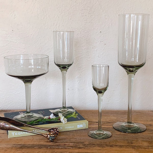 Vintage Mid Century Danish Holmegaard Smoke Grey Wine Glasses, Champagne Coupes and Cordial Glasses | 1960s Glassware Set | Wedding Gift