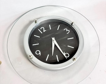 Vintage Postmodern Atomic Style Circle Black and Clear Glass Wall Clock - 11” Wall Clock Battery operated