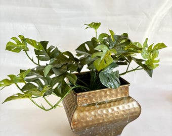 Vintage Hammered Brass Round Square Urn Planter with Patina | Brass Catch Pot | Brass Planter