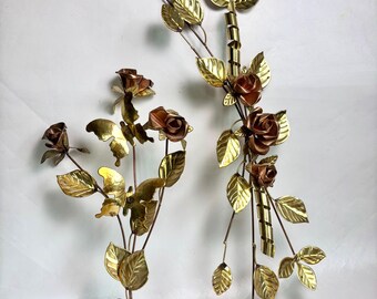 Vintage Pair MCM 28” Floral Sprays Copper and Brass Hanging Decor with Butterflies and Rose Flowers- Candleholder Brass Butterfly Wall Decor