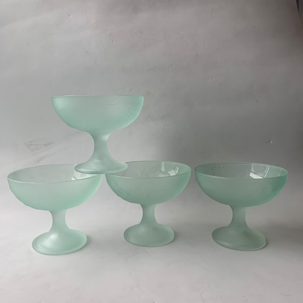 Set of 4 Vintage Italian Dessert Bowls Mint Green Pastel Green Frosted Glass Ice Cream Cup Glass 80s Gelato Cup Round Rim Footed Bowl