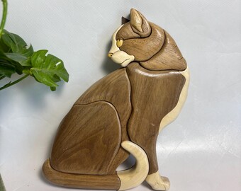 Vintage Wooden Handmade İNTARSİA CAT 10” x 7” intarsia wooden art // pet cat home decor, wall decor // 3D wall, animal, wood carving