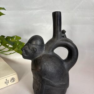 Vintage Pre-Columbian Moche Blackware Ceramic Figural Jug / Bottle with Monkey on Handle and Spout - Made in Peru