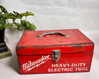 Vintage Mid Century Weathered Red Steel Milwaukee Heavy Duty Electric Tool Box & Latch - Vintage Carpenter's Toolbox - Milwaukee Tool