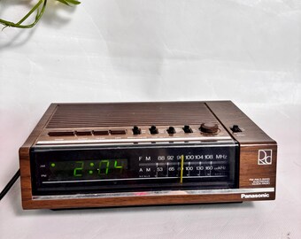 Vintage 1980s Postmodern Brown Clock Radio - Sure Time Panasonic RC-6050 Alarm, AM FM, Made in Japan, 1970s with Green Blue Display