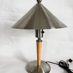 Vintage MCM 1990s Postmodern Chrome Stainless Steel and Wood Table Lamp - similar to George Kovacs Memphis Desk Lamps / Space Age Style 18”H