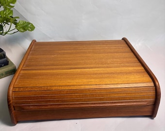 Vintage Mid Century Danish Teak Tambour Roll Top Storage Box Desk Organizer 15” x 14” / Three Section Organizer by Ethan Allen Genuine Teak