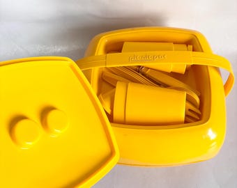Vintage Pic-Nic Pac by Pymsa Yellow Plastic Picnic Service for 4 - Retro Postmodern Picnic Basket Box with Plates, Bowls, Cups, Silverware