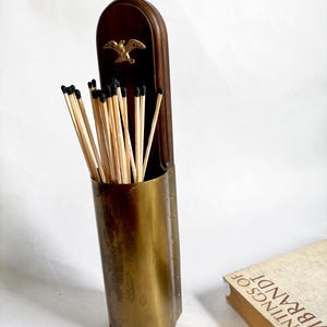 Vintage Large Brass and Wood Foreplace Match Holder with Eagle - Ornate Brass Large Matches Box Holder