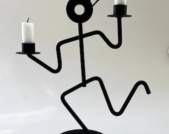 Vintage Postmodern Dancing Figural Stick Figure Candlestick Holder - Memphis Inspired 1990s Iron Dancing Man Candle Holder