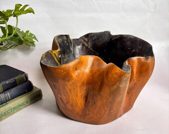 Vintage Large Brutalist Solid Sculptural Olive Wood Bowl with abstract form, Modern Organic Display Bowl - 12” x 11”