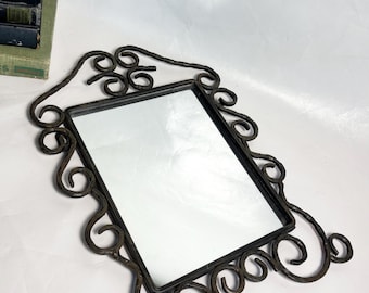 Vintage Wrought Iron Heavy Hammered Hanging Wall Mirror - Swirls / Spirals 16” x 12”