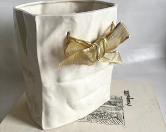 Vintage Mid Century White 1960's Modernist Ceramic Crinkled Paper Bag Vase with Gold Bow / Pop Art Similar to Rosenthal Crumpled Paper Bag